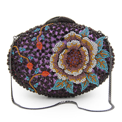 New Design Women Oval Diamond Clutch Purse Studded Floral Pattern Fashionable Hand Evening Bag for Wedding Party