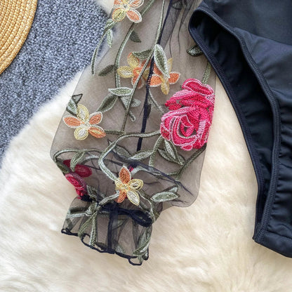 Vintage Embroidery Gauze Sexy Bodysuits Stand Collar Long Sleeve Playsuits Fashion Spliced Women Open crotch Rompers