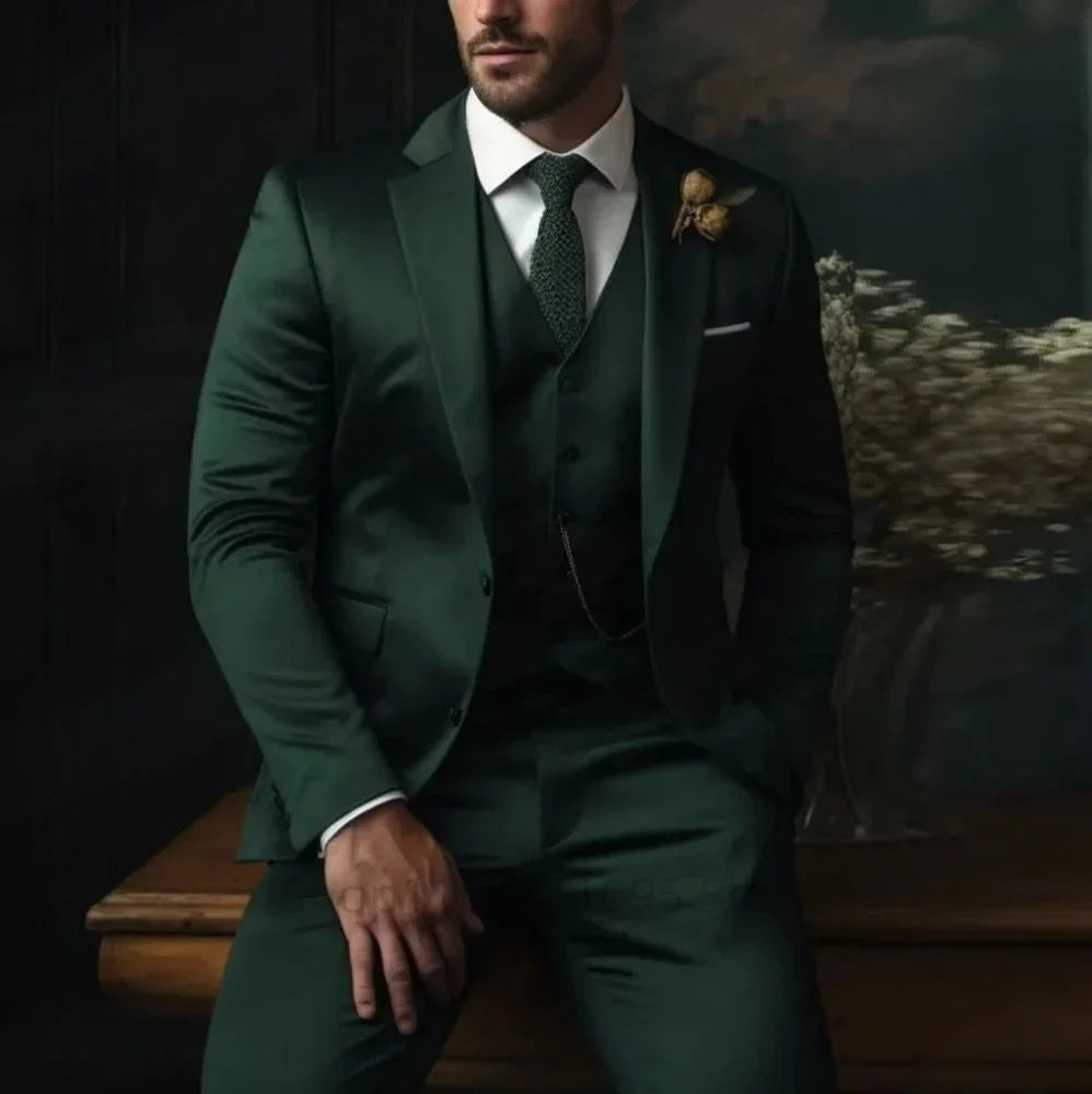 Green Mens Suits Casual 3 Pieces Slim Fit Notch/Peak Lapel Formal Wedding Groom Wear Blazer Tuxedos for Party(Blazer+Pants+Vest)