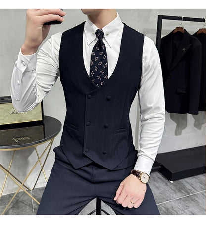 British Style Double-breasted Striped Vest With Pants Men Business Slim Fit Suit Vest 2 pieces Formal Groom Wedding Dress Vest
