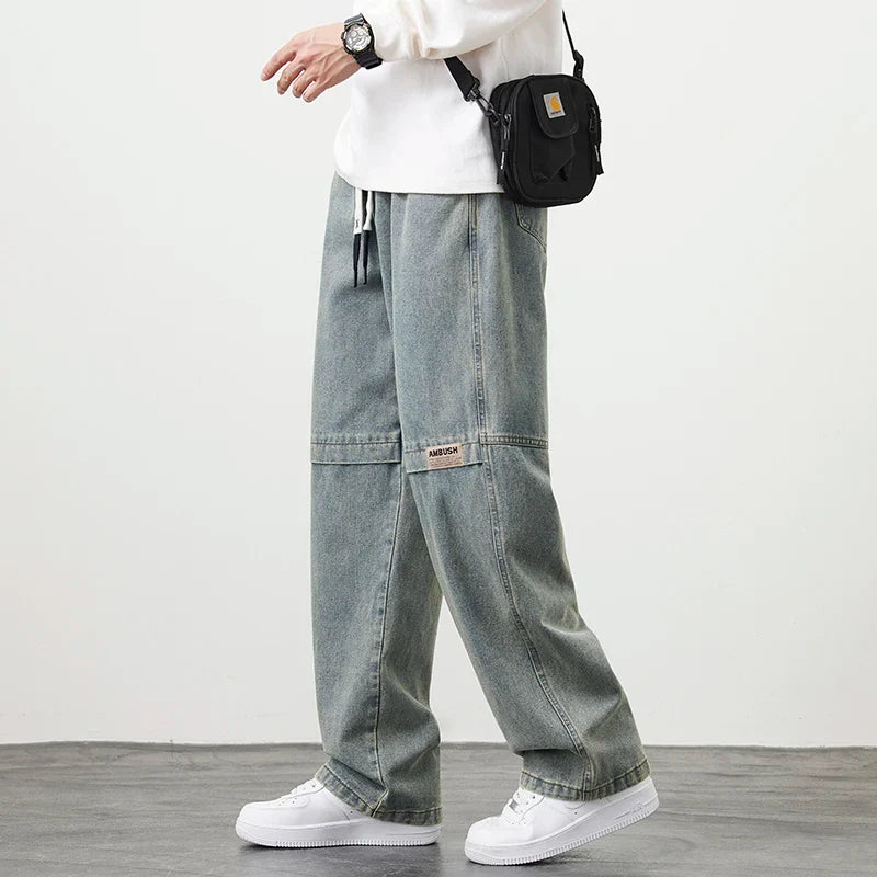 8XL New Retro Blue Men's Jeans Large Size String Banding Wide Leg Denim Pants Cotton Casual Straight Jean Trousers 6XL 7XL