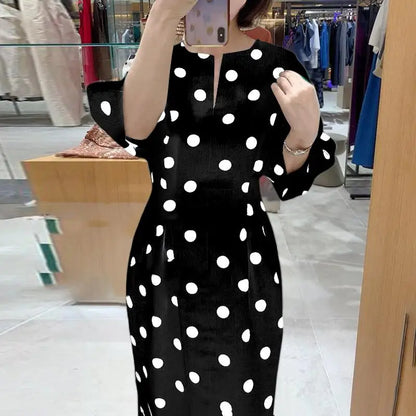 Elegant Women Dots Print Dress 2024 Summer Slim 3/4 Sleeve Vestidos Fashion V-Neck Party Midi Robe Office Pocket Dresses