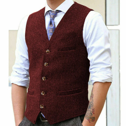 Men Vest Gray Herringbone Single Button With Pocket V Neck Waistcoat For Wedding Banquet Business Work Casual Daily Men Vest