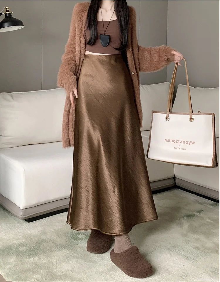 New Autumn Winter Solid Satin Silk Mermaid Skirt Women Fashion High Waist Office Ladies Work Warmth Party Long Maxi Skirt