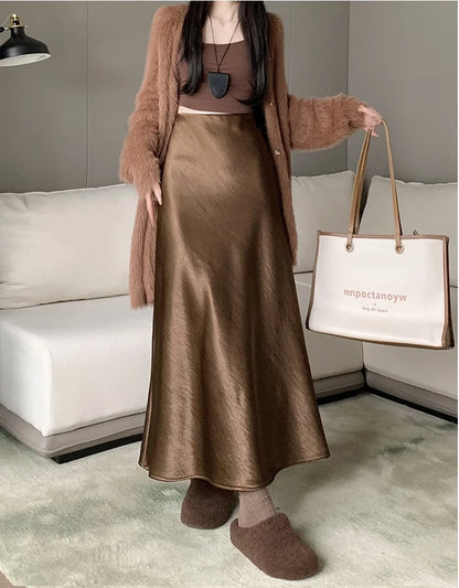 New Autumn Winter Solid Satin Silk Mermaid Skirt Women Fashion High Waist Office Ladies Work Warmth Party Long Maxi Skirt