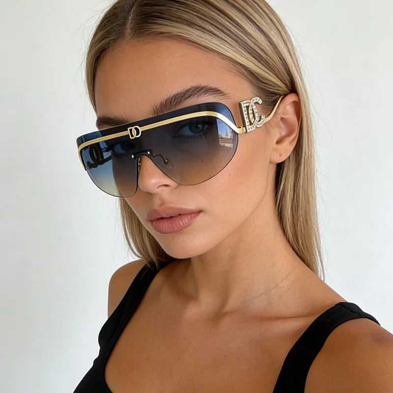 New Luxury Oversized Shield Sunglasses 2026 Gold Metal Brand Gradient Lens Sun Glasses UV400 Protection Trendy Shades Sunglass