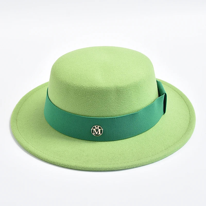 British Style Fedora Hats for Women Fashion Autumn Winter Flat Top Bow Elastic Ribbon Felt Hats Wedding Dress Jazz Cap