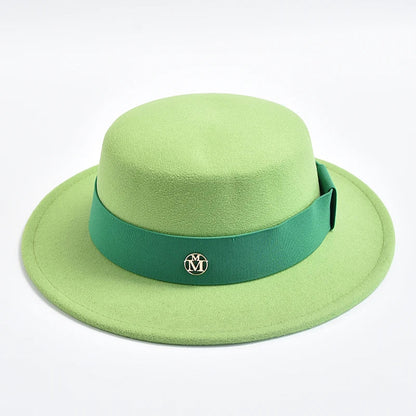 British Style Fedora Hats for Women Fashion Autumn Winter Flat Top Bow Elastic Ribbon Felt Hats Wedding Dress Jazz Cap