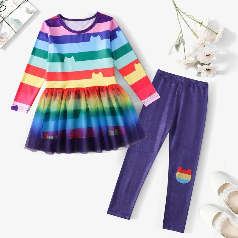 Cartoon Kids Girls Rainbow Dresses+Pants Sets Children Halloween Easter Cats Carnival Cosplay Costume Birthday Party 3-10 Year