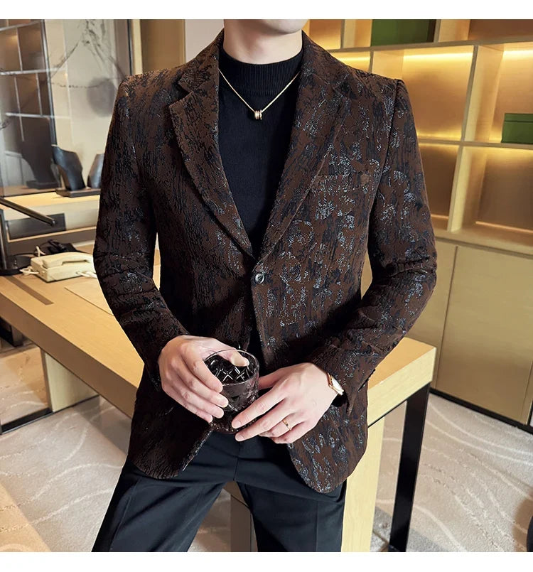 High Quality Plush Jacquard fashion Suit Jacket  Korean Version Slim Fit Business Retro Casual Social Wedding Suit Blazer 5XL-M