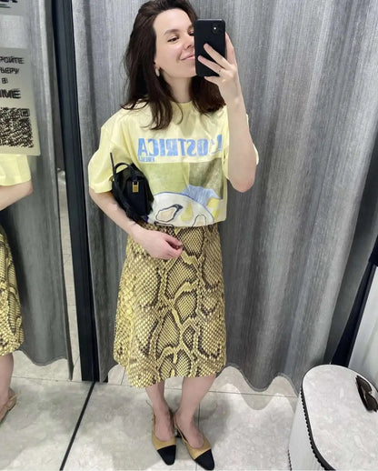 Snakeskin Printed Fashion Skirt Women's High Waist Slim Contrast Patchwork Commute Streetwear Female Vintage Y2k Skirt DDX8
