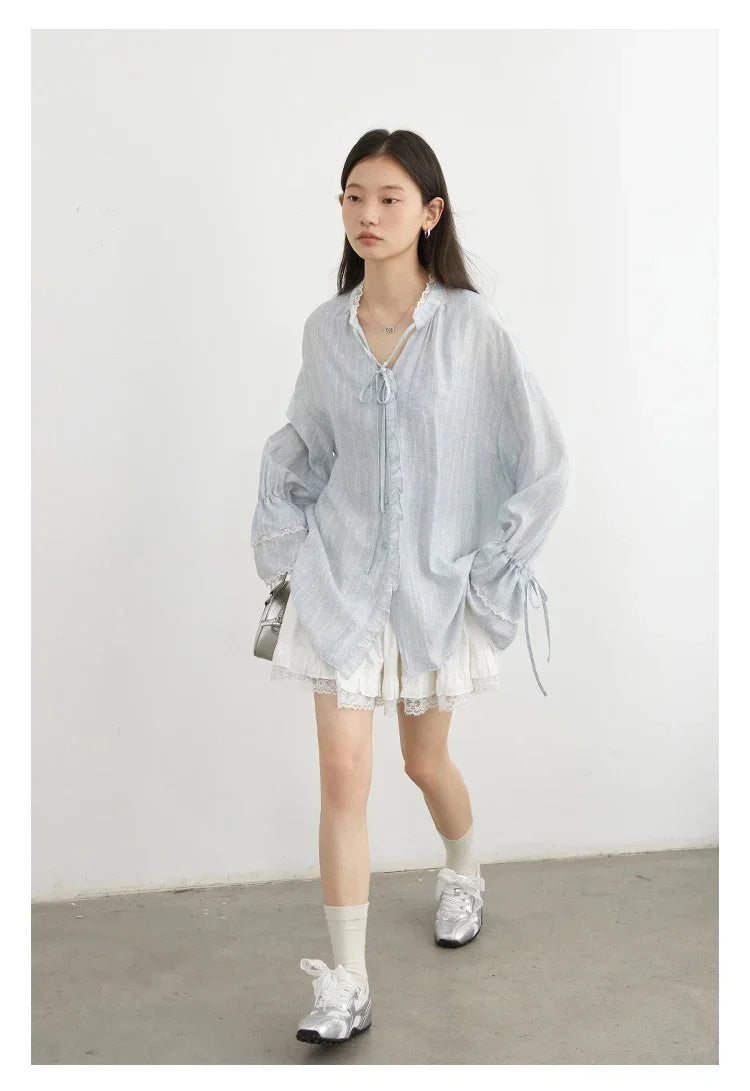 Women Shirt Single Breasted V-neck Loose Casual Long Sleeve New Stand Up Collar Coat Female Blouse Spring Autumn 2025