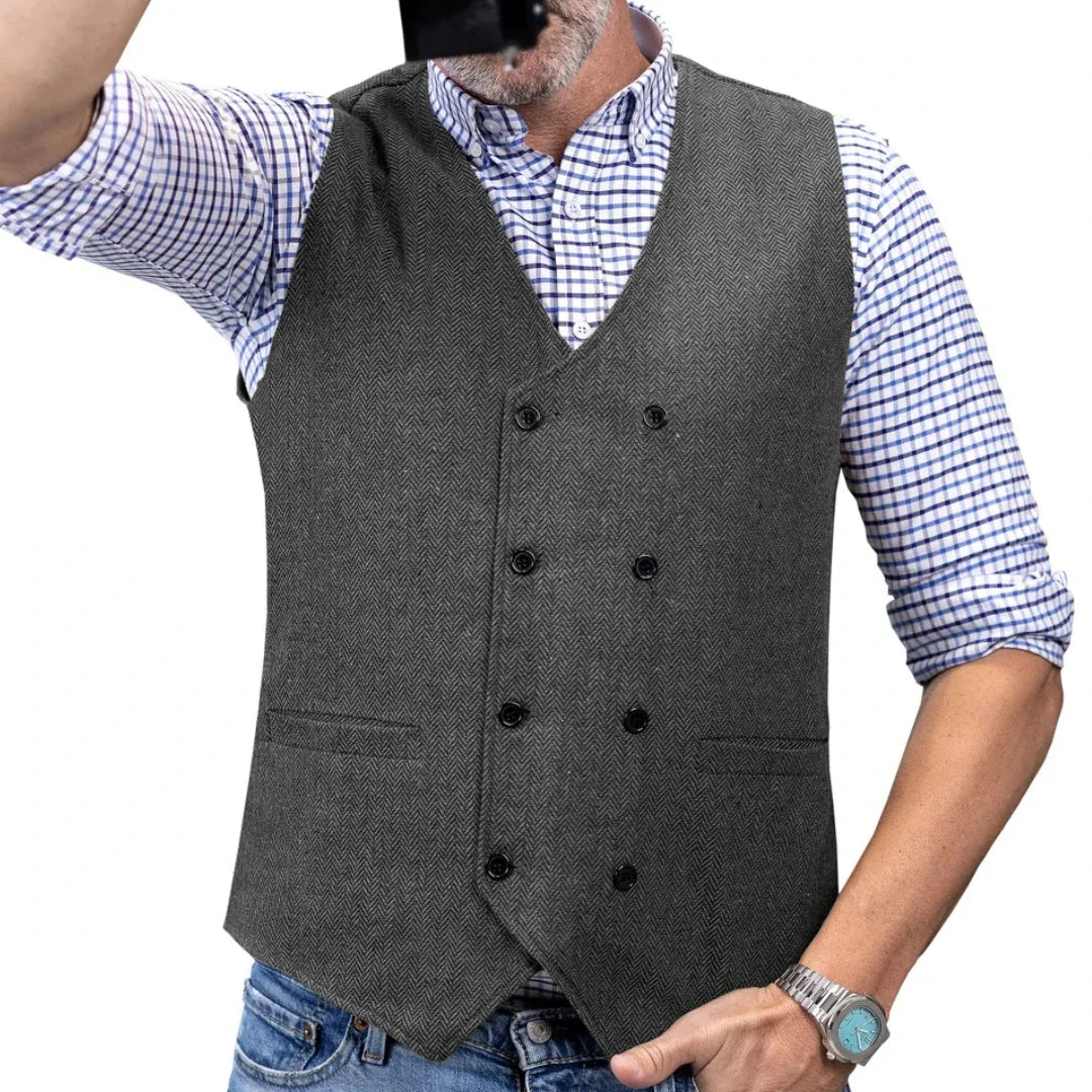 Men Vest Brown Herringbone Double Button Waistcoat For Wedding Birthday Banquet Party Business Office Work Men Suit Vest