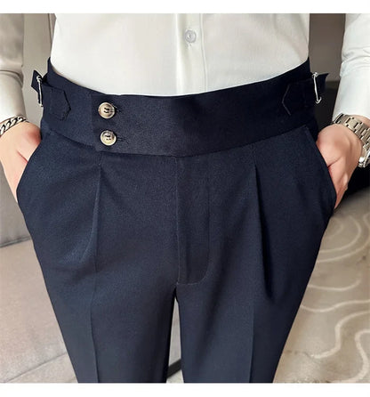 Pure Color Male Business Wedding Dress Pants Fashion Unique Design Men Waist Adjustable Suit Pant No Belt Slim Trousers Homme