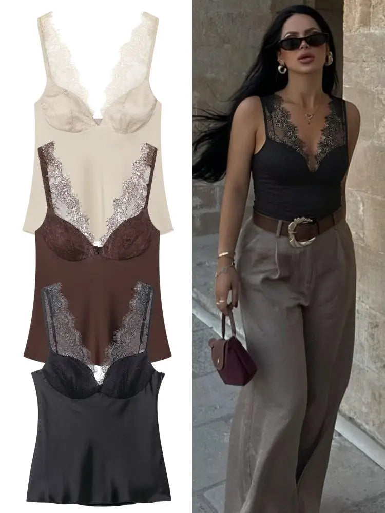 Elegant Women Lace Splice Sexy Satin Sling Tops 2026 Spring Summer Fashion Female V-Neck Backless Slimming Underwear Vest