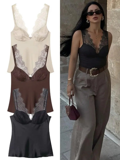 Elegant Women Lace Splice Sexy Satin Sling Tops 2026 Spring Summer Fashion Female V-Neck Backless Slimming Underwear Vest