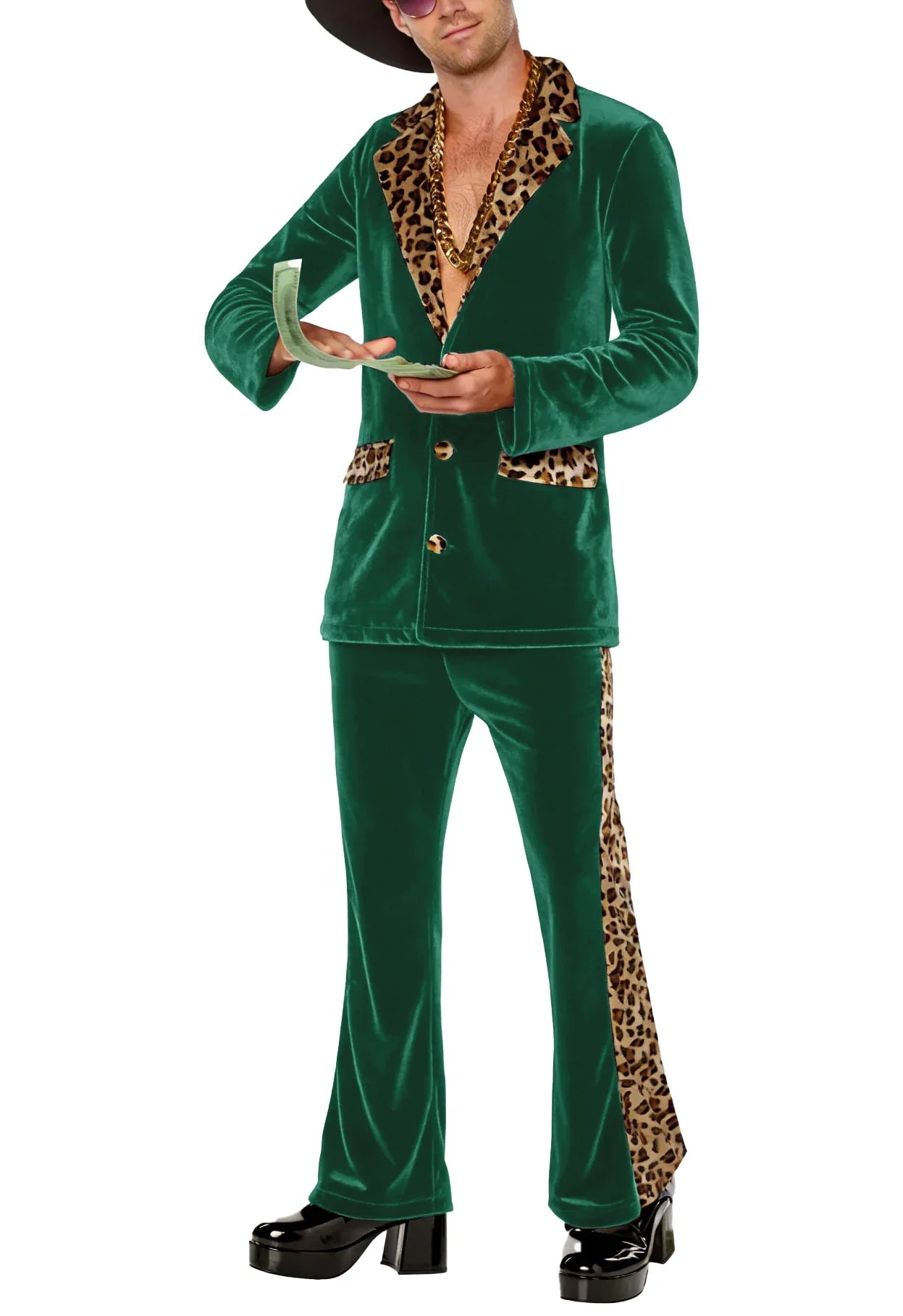 Luxury Men's Velvet Suit Notch Lapel Jacket Leopard Print Patchwork Trim Wide Leg Flare Trousers Tuxedo Cosplay Prom Event