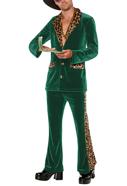 Luxury Men's Velvet Suit Notch Lapel Jacket Leopard Print Patchwork Trim Wide Leg Flare Trousers Tuxedo Cosplay Prom Event