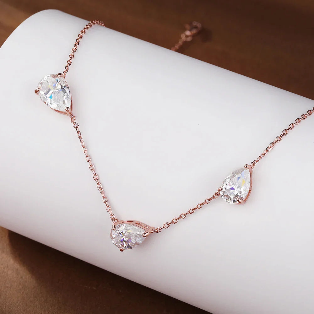 3-Stones Waterdrop Moissanite Pendant Necklace for Women 925 Silver 4-3-2Carat East West Pear Cut Diamond Neckchain Fine Jewelry