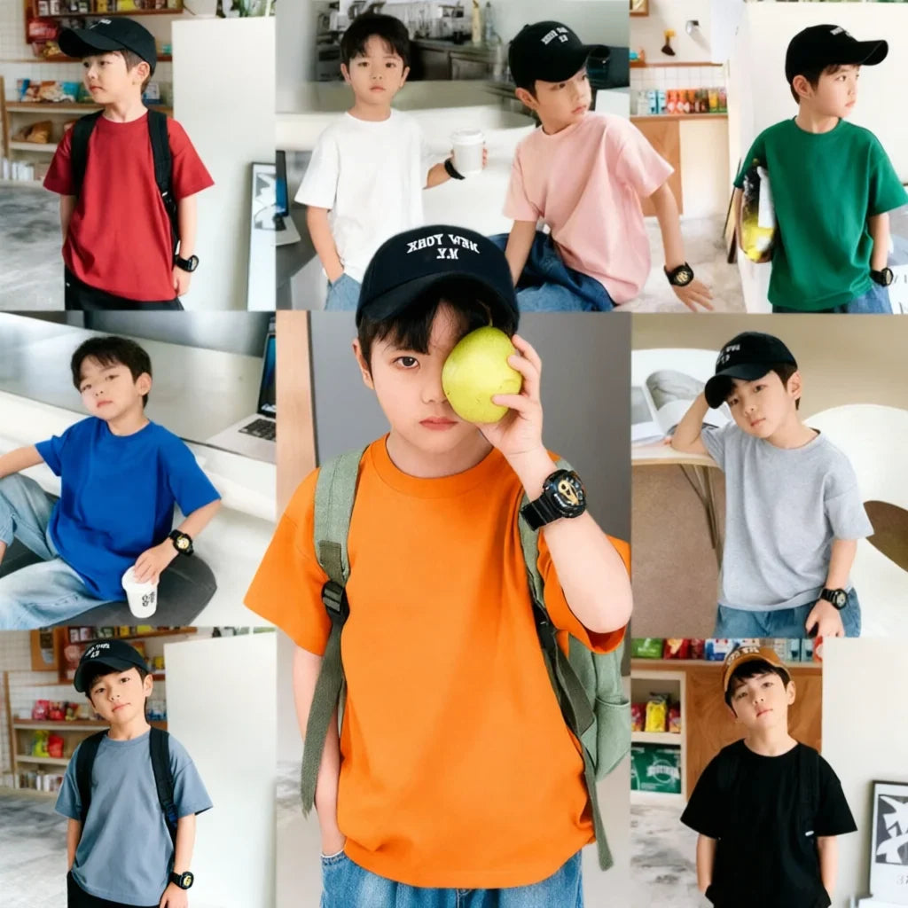 Summer Casual School Kids Cotton Plain Tee Tops Baby and Boys Short-Sleeved T-Shirt Children Outfit Clothing 1-16 Years