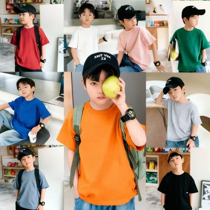 Summer Casual School Kids Cotton Plain Tee Tops Baby and Boys Short-Sleeved T-Shirt Children Outfit Clothing 1-16 Years