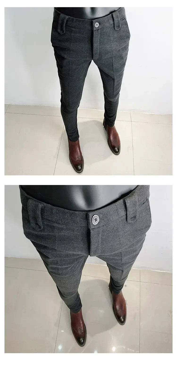 Autumn Winter Thickened Suit Pants Men Casual Slim Fit Straight Trousers Formal Business Woolen Cloth Social Office Dress Pants