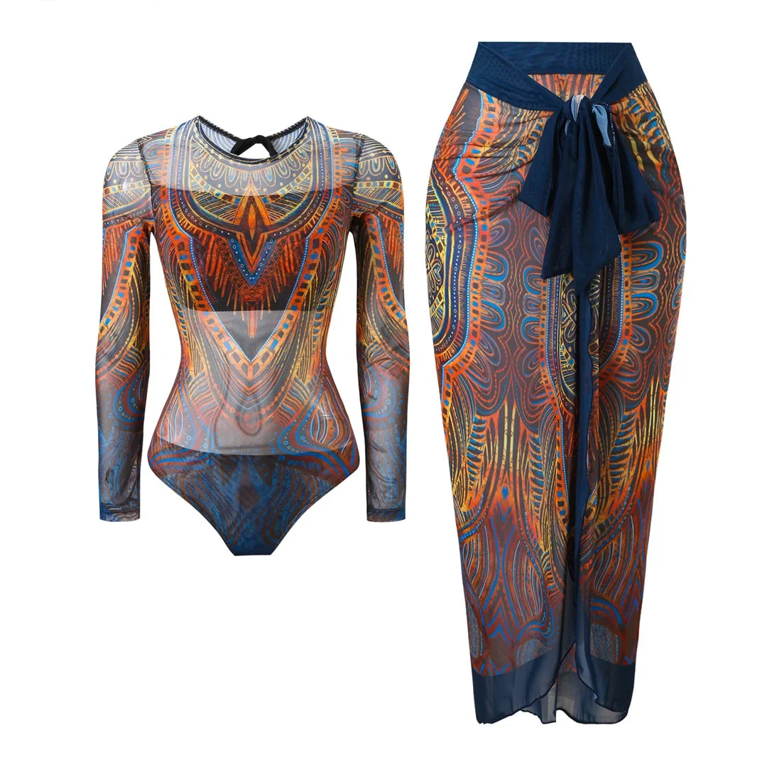 S - XXL Printed Long Sleeve With Sarong One Piece Swimsuit Women Swimwear Female Flowers Padded Bather Bathing Suit Swim V7181