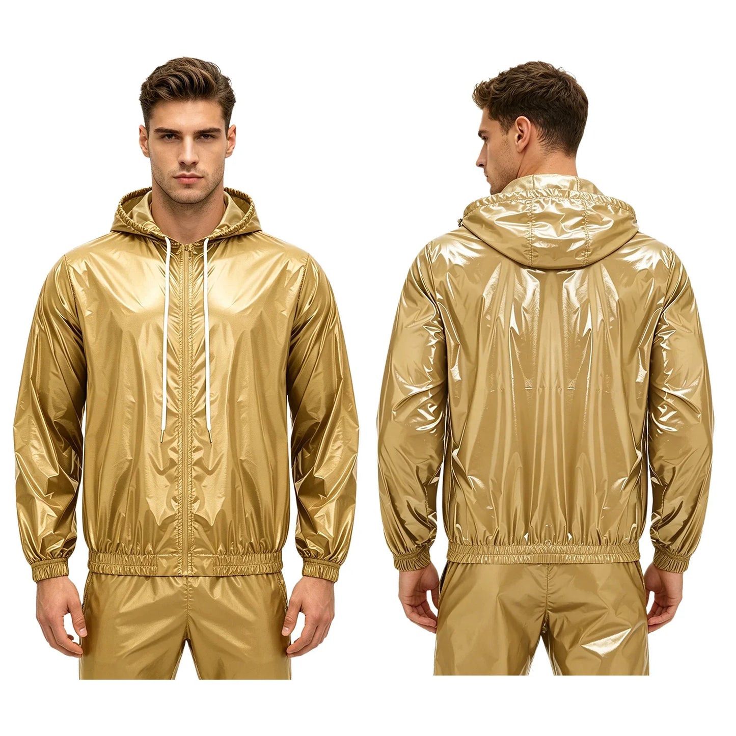 Mens Waterproof Hooded Raincoat Long Sleeve Front Zipper Rain Jacket Windbreaker with Drawstring Hood for Hiking Fishing Biking