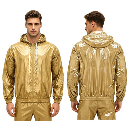 Mens Waterproof Hooded Raincoat Long Sleeve Front Zipper Rain Jacket Windbreaker with Drawstring Hood for Hiking Fishing Biking