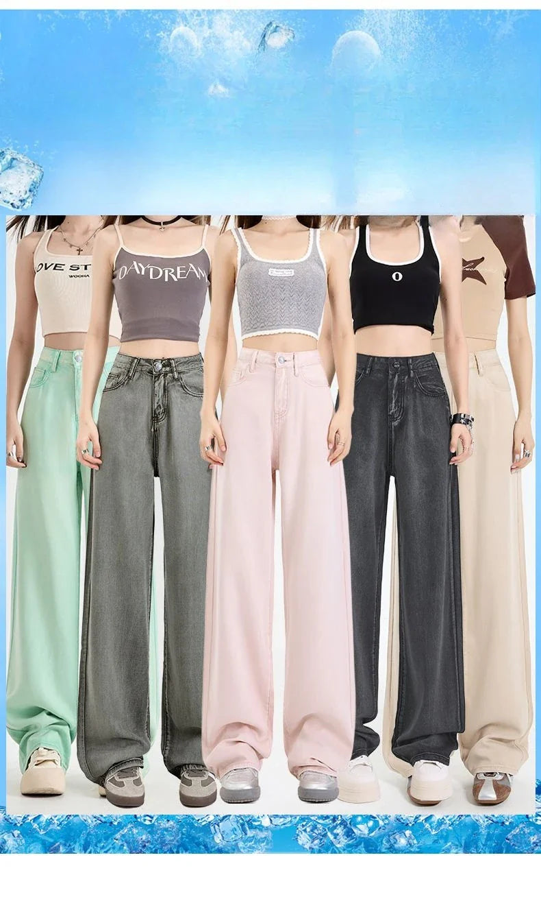 Woman Jeans 100% Lyocell Breathable Denim Wide Leg Towel Sweep drape loose 2025 Summer ice silk Baggy Famale Denim Pants 5 Color