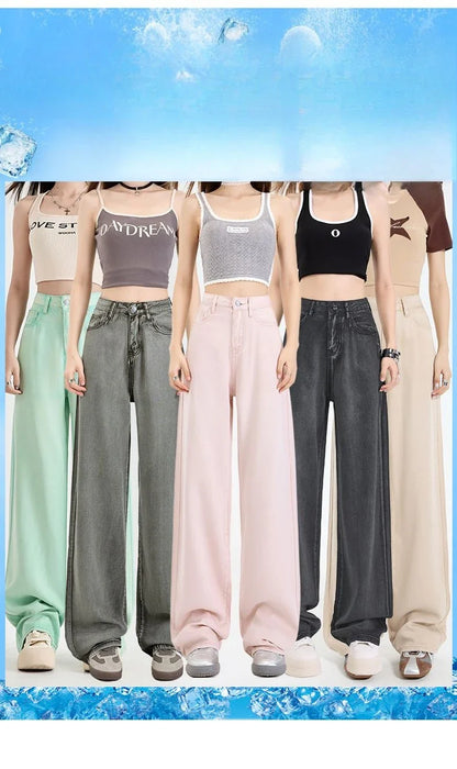 Woman Jeans 100% Lyocell Breathable Denim Wide Leg Towel Sweep drape loose 2025 Summer ice silk Baggy Famale Denim Pants 5 Color
