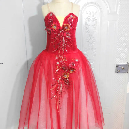 Long Ballet Tutu Skirts Blue 3d Flower Dress Performance Costumes Princess Dance Practice Romantic Dress
