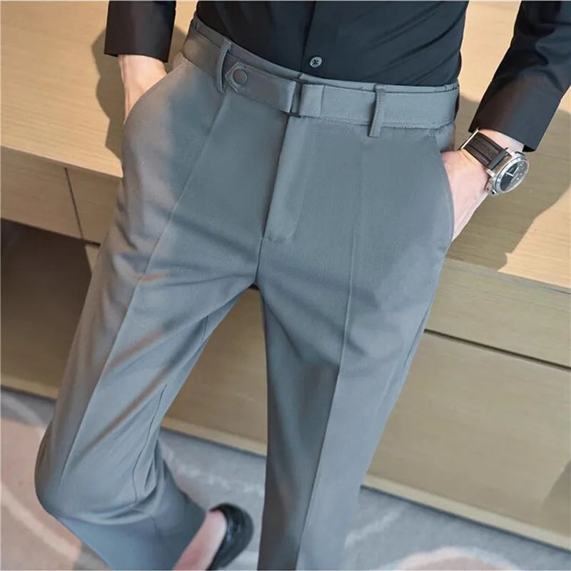 Fashion Belt Decoration Design Men's Suit Pants High Quality Business Slim Fit Casual Straight Formal Wedding Party Trousers