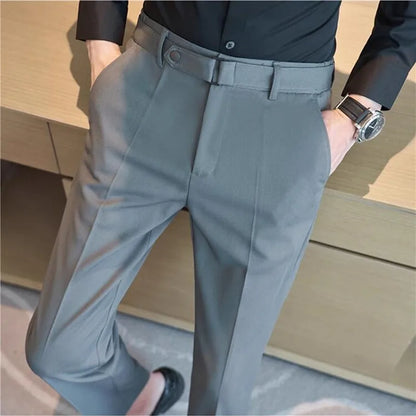 Fashion Belt Decoration Design Men's Suit Pants High Quality Business Slim Fit Casual Straight Formal Wedding Party Trousers
