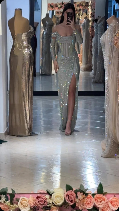 Dubai customized Silver Shiny Prom Dress With Sleeve Off Shoulder Vestidos de noche Side High Split Formal event dress