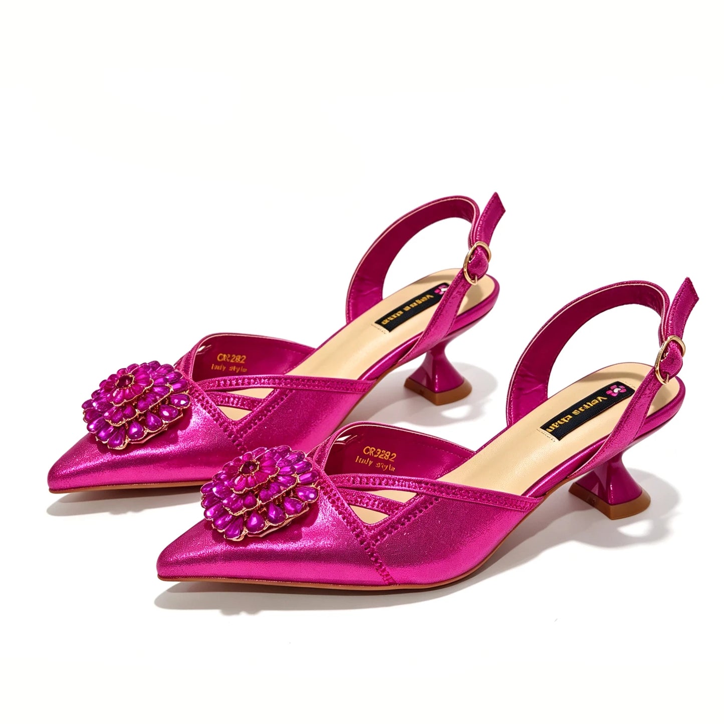 2026 Italian Peach Gold Rhinestone HAND CRAFTED UPPER Pointed Toe Women High Heels Shoes and Bag Set Elegant Party Shoes