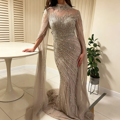Luxury Beaded Evening Dress Cape Sleeve Dubai Sheer Neck Mermaid Formal Prom Wedding Party Gown Customized 2026
