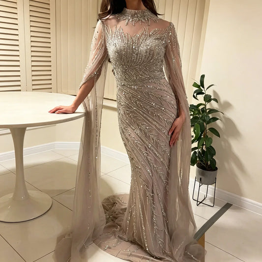 Luxury Beaded Evening Dress Cape Sleeve Dubai Sheer Neck Mermaid Formal Prom Wedding Party Gown Customized 2026