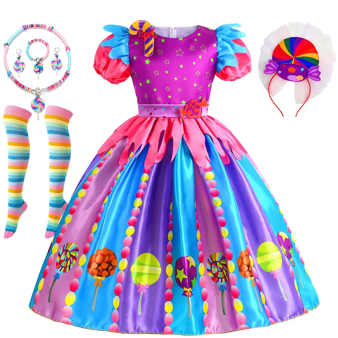 2025 Purim Festival Suspender Rainbow Dress For Girl Candy Lollipop Costume Party Gift Candy Dress + Lollipop Accessories Suit