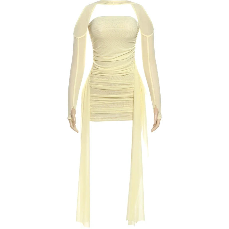 Mesh Simple Mini Dress Fashion Solid Strapless Ribbons Tassel Body-shaping Vestidos+Seperately Full Sleeve Gloves
