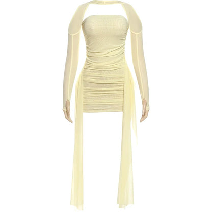 Mesh Simple Mini Dress Fashion Solid Strapless Ribbons Tassel Body-shaping Vestidos+Seperately Full Sleeve Gloves