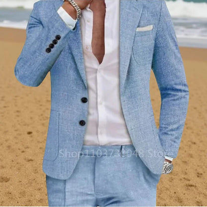 2 Pieces Linen Men Suits for Summer Beach Notch Lapel Slim Fit Two Buttons Groom Tuxedo Sets Blazer with Pants Custom Made