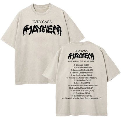 Vintage Washed Lady Gaga The Mayhem Ball Tour 2025 T Shirt Fashion Men/Women Aesthetic High Quality Acid Wash 100% Cotton Tees