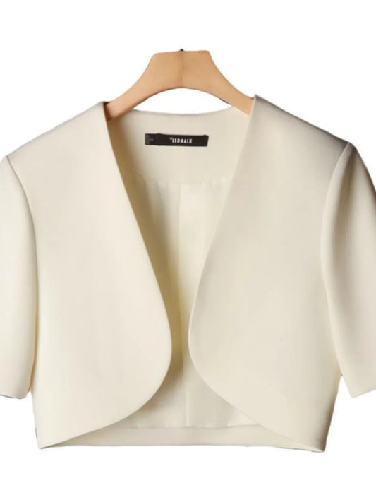 Casual Sle ort Sve Women's Suit Jaet  Size Gentle Wind Korean Version ort Coat Milk White Color V-Ne Polyest...