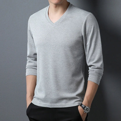 Minimalist Men's V-neck Long Sleeve T-shirt Soft Knitted Fabric Comfortable Top for All Seasons