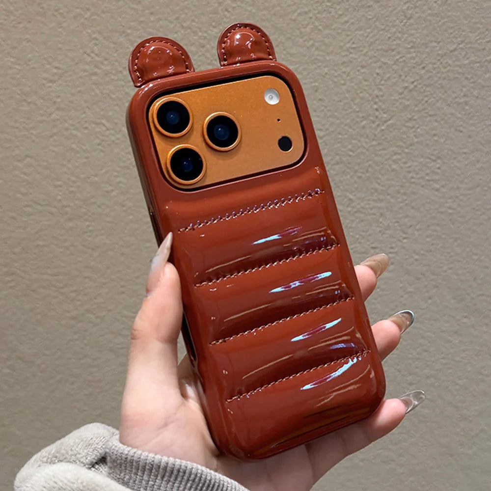 Coordinated Winter Bear-Ear Down Jacket For iPhone 17 16 15 14 Pro Max Phone Case Shockproof Fashion Cover Skin Leather Funda