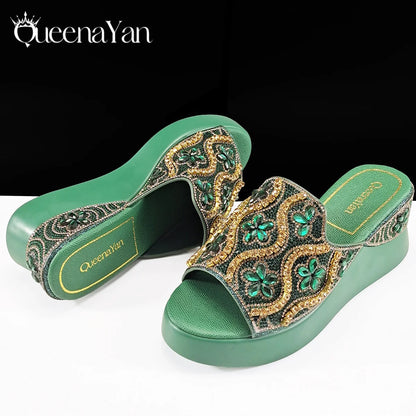 High Quality 2025 Newst Hot Selling Open Toe Slingback Sandals with Bag Set in Green Color For Women Wedding Party
