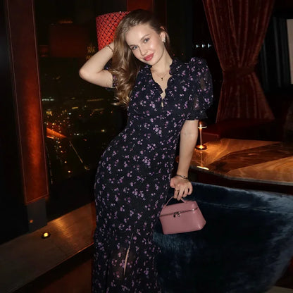 Floral Print Women's Summer Ruffle Dress Sexy V-neck Short Puff Short Sleeve Beach Slim Female Dress 2026 Holidays Lady Robe