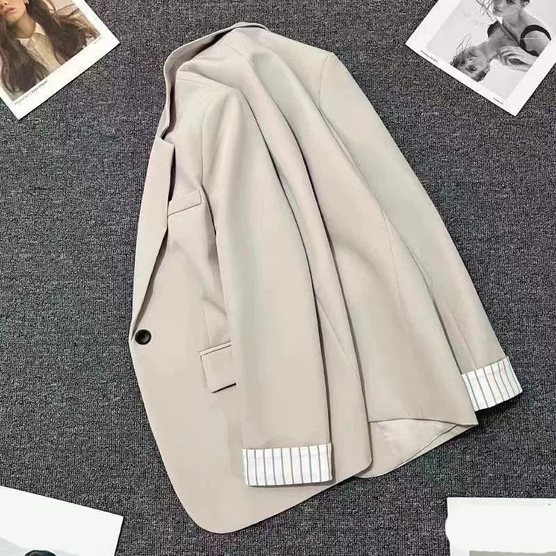 2025 New Beige Notched Collar Jacket Women Korean Chic Patchwork Long Sleeve Small Suit Coat Casual Simple Single Button Blazers
