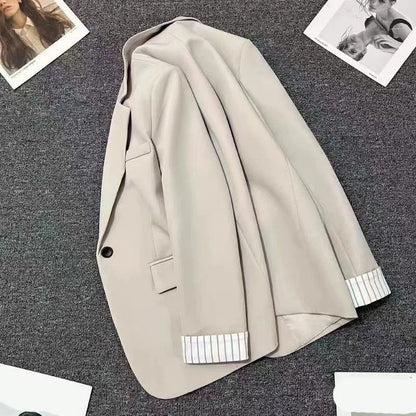 2025 New Beige Notched Collar Jacket Women Korean Chic Patchwork Long Sleeve Small Suit Coat Casual Simple Single Button Blazers
